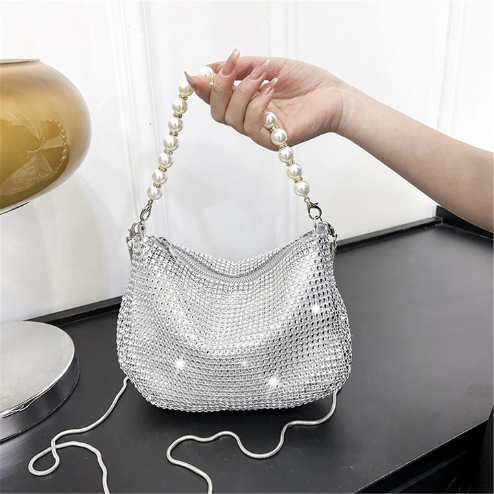 Pearl Full Rhinestone Delicate Handbag Fashion Shiny Gold Party Dinner Bag Shoulder Bag Elegant Silver Women'S Phone Money Purse