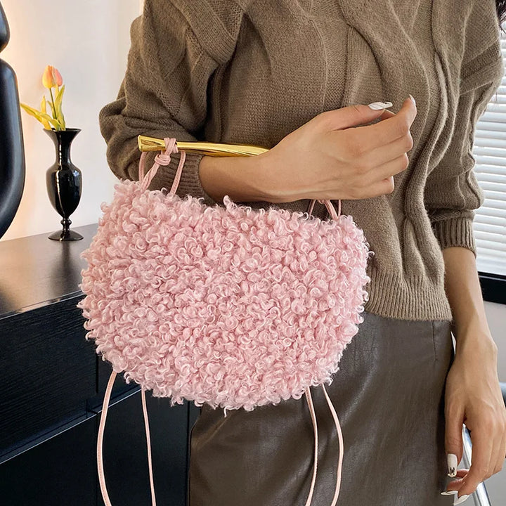 New Fashion Luxury Furry Fleecy Design Women Metal Top Tote Handle Shoulder Bag Lady Purses Handbag Satchel Dinner Crossbody Bag