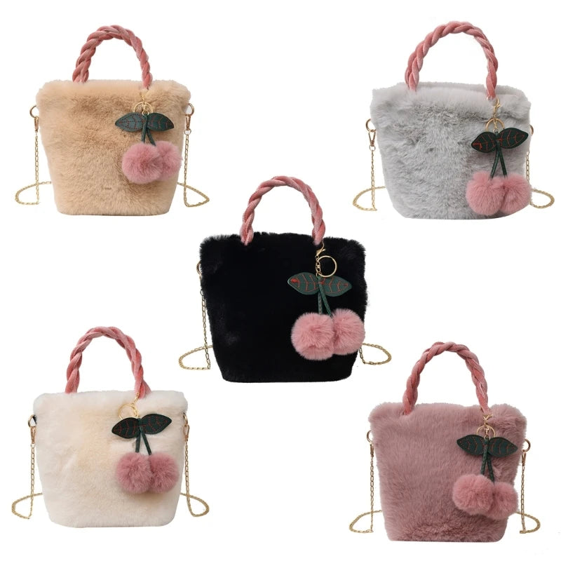 Plush Shoulder Bag with Cherry Pendant for Women Girl Trendy Handbag Tote Bag