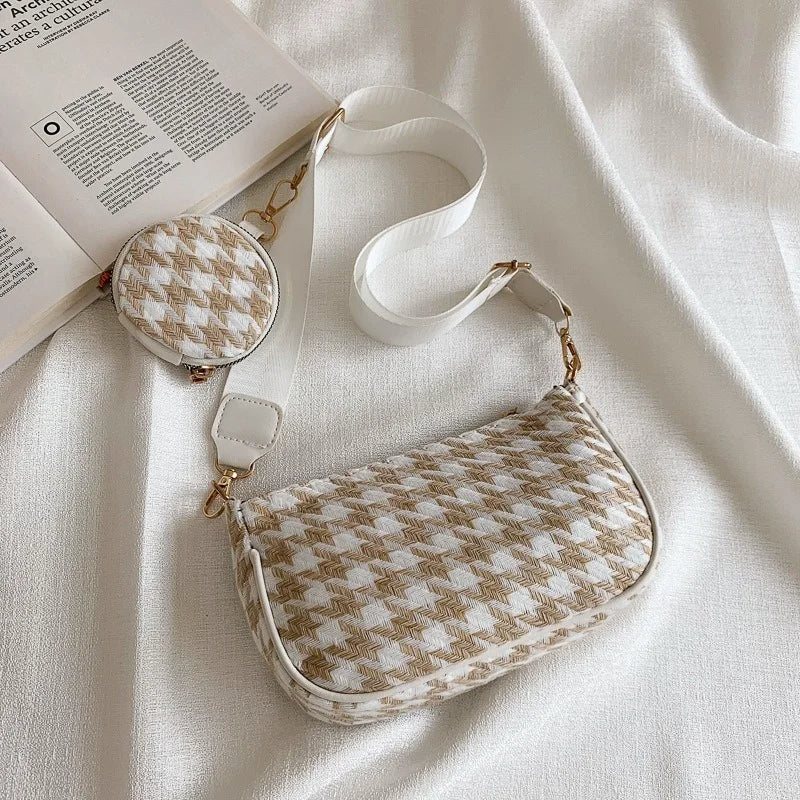 Female Vintage Plaid Printing Shoulder Bags with Mini Round Purse Pendant Women's Bag Casual Small Crossbody Bags 2pcs Composite