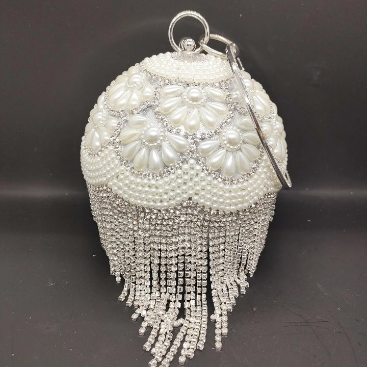 DG PEAFLOW Round Circular Gold Diamond Tassel Bridal  Women Evening Party Crystal Clutch Bag Wedding Wristlets Purse