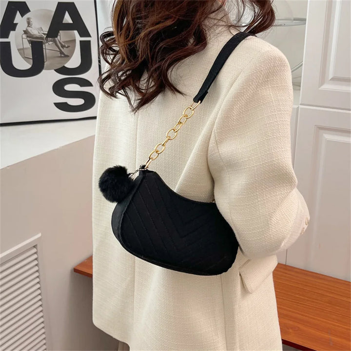 ISKYBOB Women Felt Mini Shoulder Bag Underarm Bags with Plush Pendant Solid Color Casual Handbags Female Pouch Light Weigh Bag