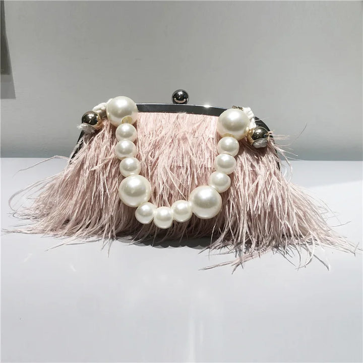 Luxury brand Handle Bag Female Wallet Retro Lux Shoulder Bag New 2022 Fashion Temperament Feathers Pearl Chain Crossbody Clutch