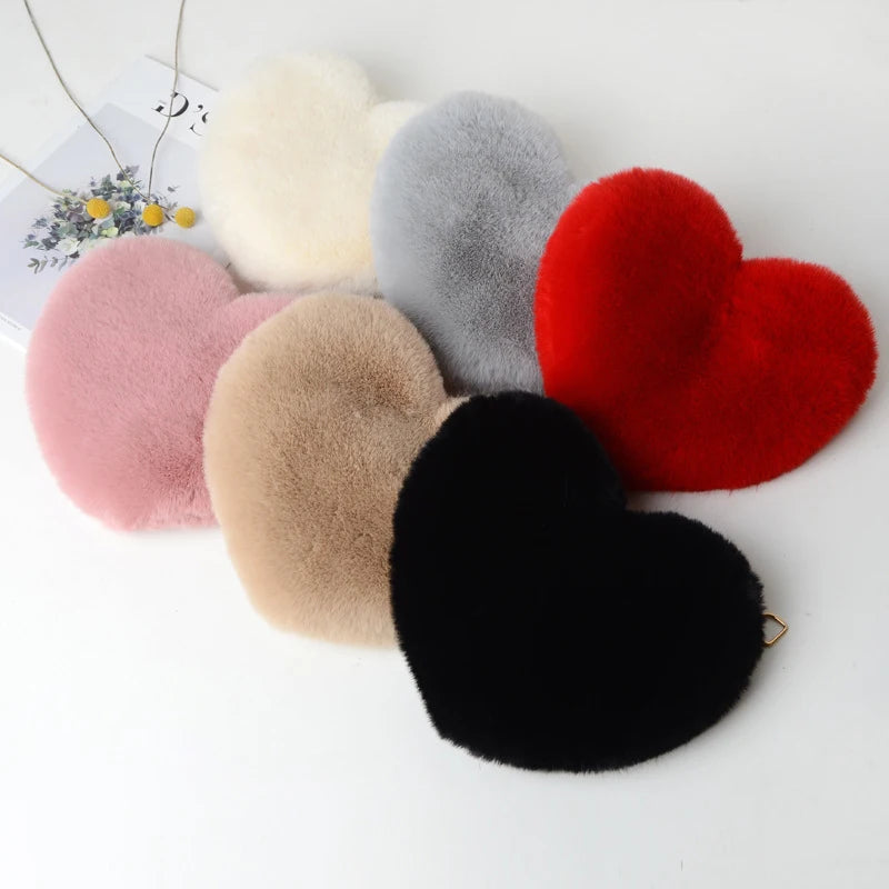 Fashion Women's Heart Shaped Handbags Cute Faux Fur Crossbody Bags  Lady Soft Plush Chain Shoulder Bag Shopper Totes