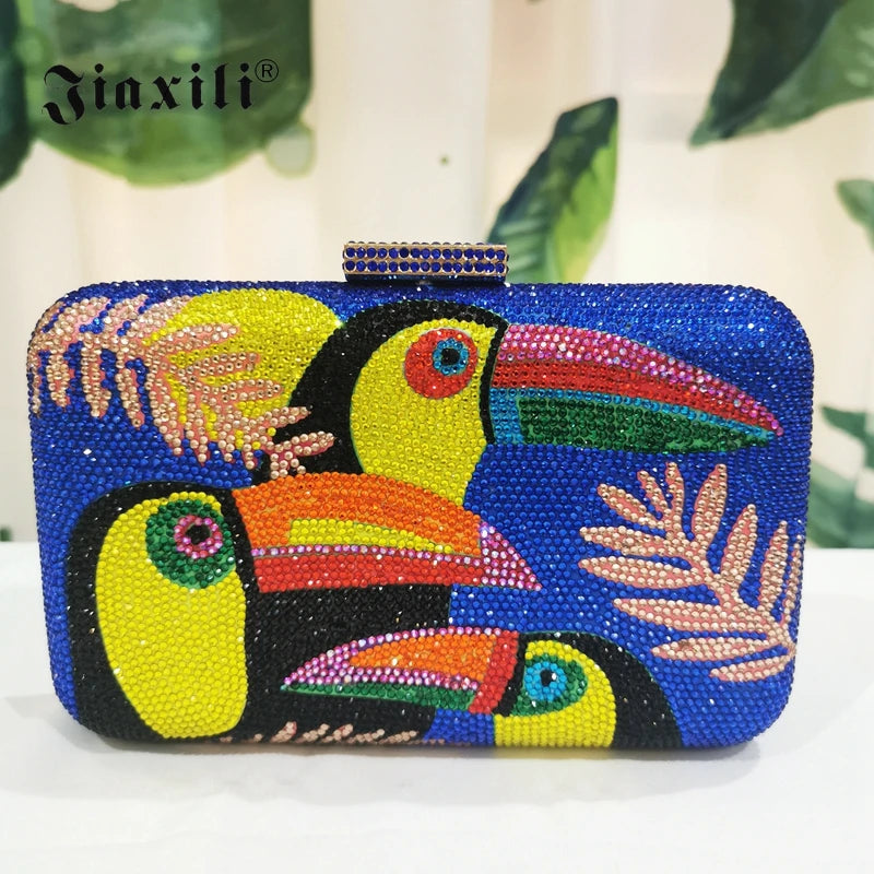 JIAXILI Woodpecker dinner bag Multicolored Evening Clutches Rhinestone Diamond Wedding Purse Elegant Women’s Shoulder bag clutch