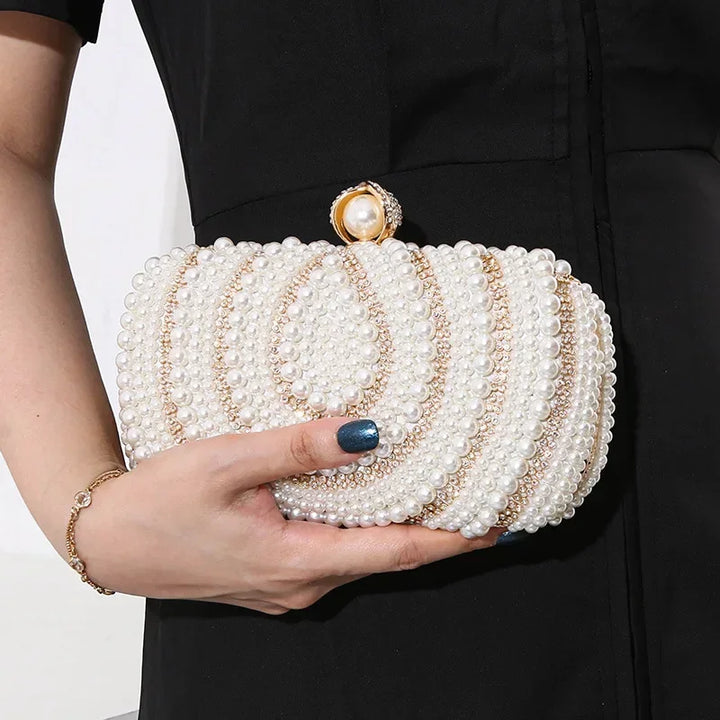 Beaded Pearl Evening Clutch Bag Latch Women Rhinestone Wedding Bridal Dinner Party Purse Female Stylish Evening Bags Pearl Purse