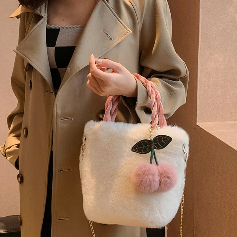 Plush Shoulder Bag with Cherry Pendant for Women Girl Trendy Handbag Tote Bag