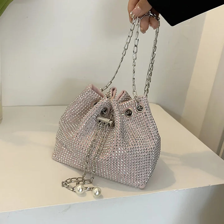 Women Fashion Diamonds Rhinestone Bucket Bags Retro Pearl Chain Ladies Shoulder Bags Shiny Small Crossbody Bags Female Handbags