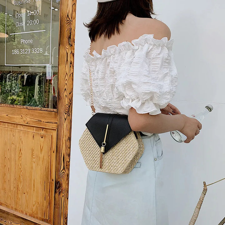 Hex-shape Mulit Style Straw+leather Handbag Women Summer Rattan Bag Handmade Woven Beach Circle Bohemia Shoulder Bag New Fashion