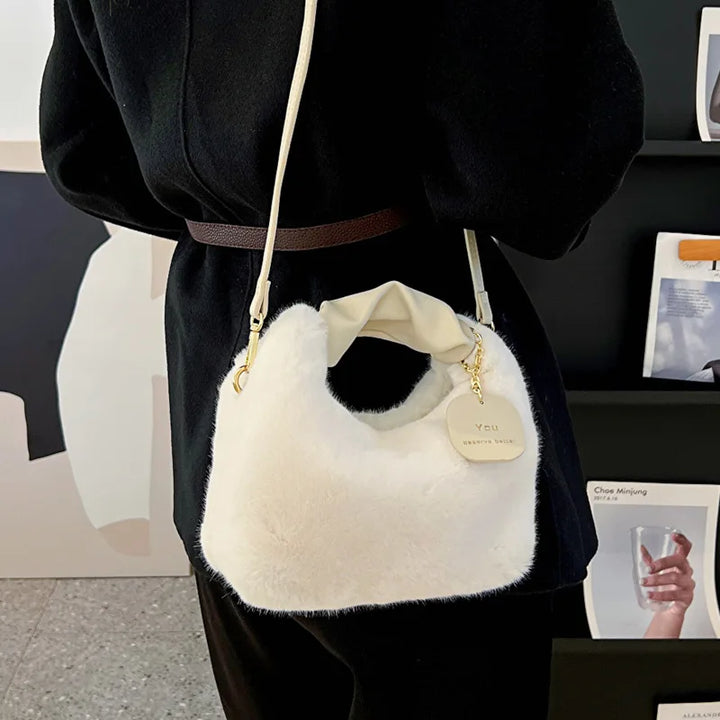 Women Faux Fur Handbags Zipper Small Lady Shoulder Bag Casual Tote Half-Moon Hobos Winder Crossbody Shopping Bag For Traveling