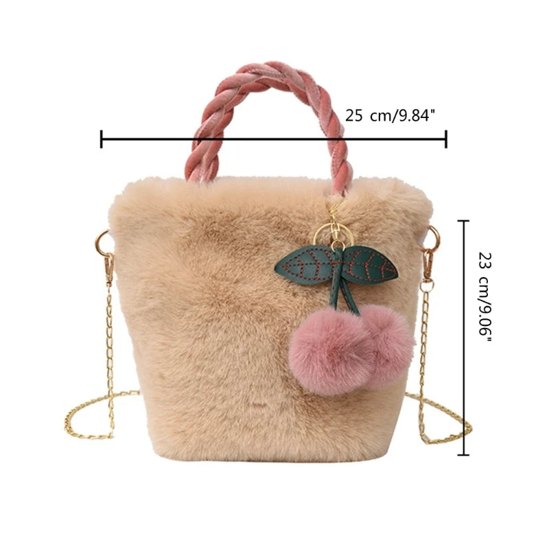 Plush Shoulder Bag with Cherry Pendant for Women Girl Trendy Handbag Tote Bag