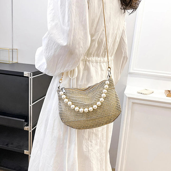 Pearl Full Rhinestone Delicate Handbag Fashion Shiny Gold Party Dinner Bag Shoulder Bag Elegant Silver Women'S Phone Money Purse