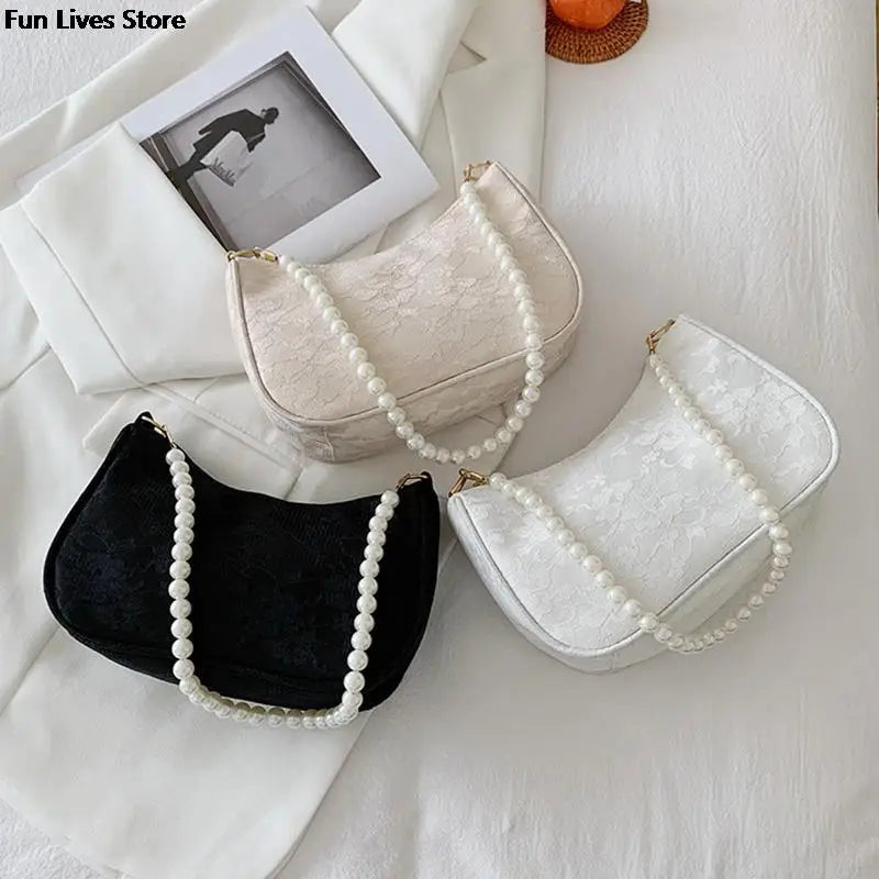 Flower Pattern Elegant Bags Women Retro Fashion Shoulder Purse Ladies Wedding Party Handbags White Pearl Chains Totes Classic