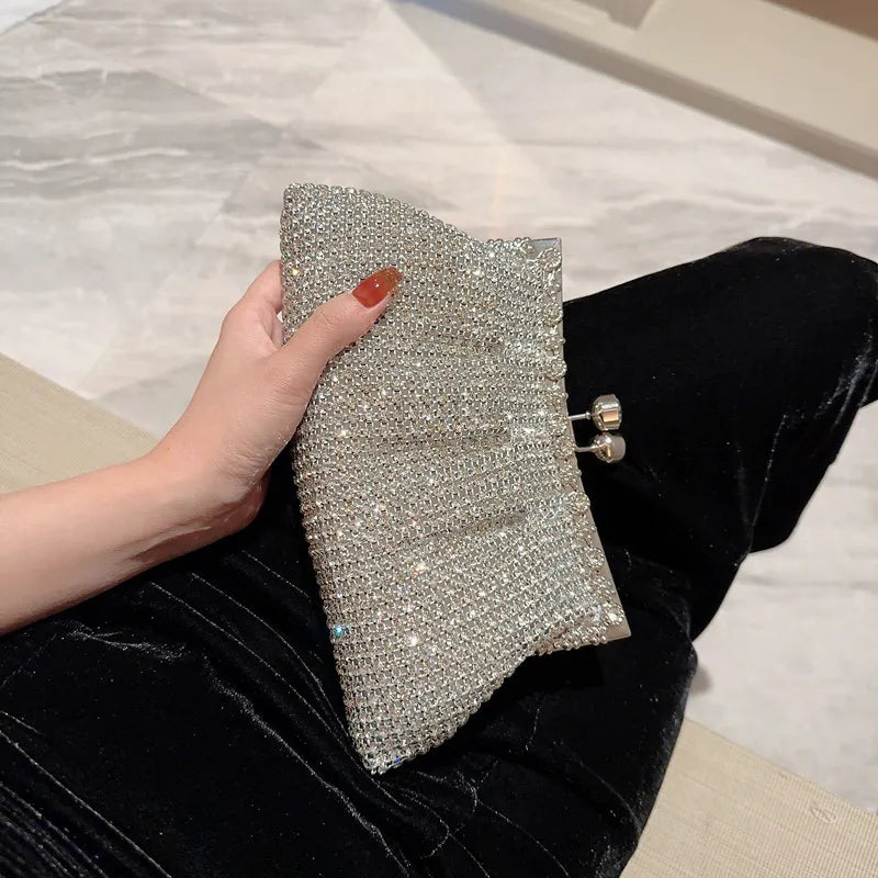 Bling Rhinestone Evening Bag Luxury Dress Clutch Wedding Bride Hand Bag Shiny Designer Party Pleated Dinner Long Purse XA764H